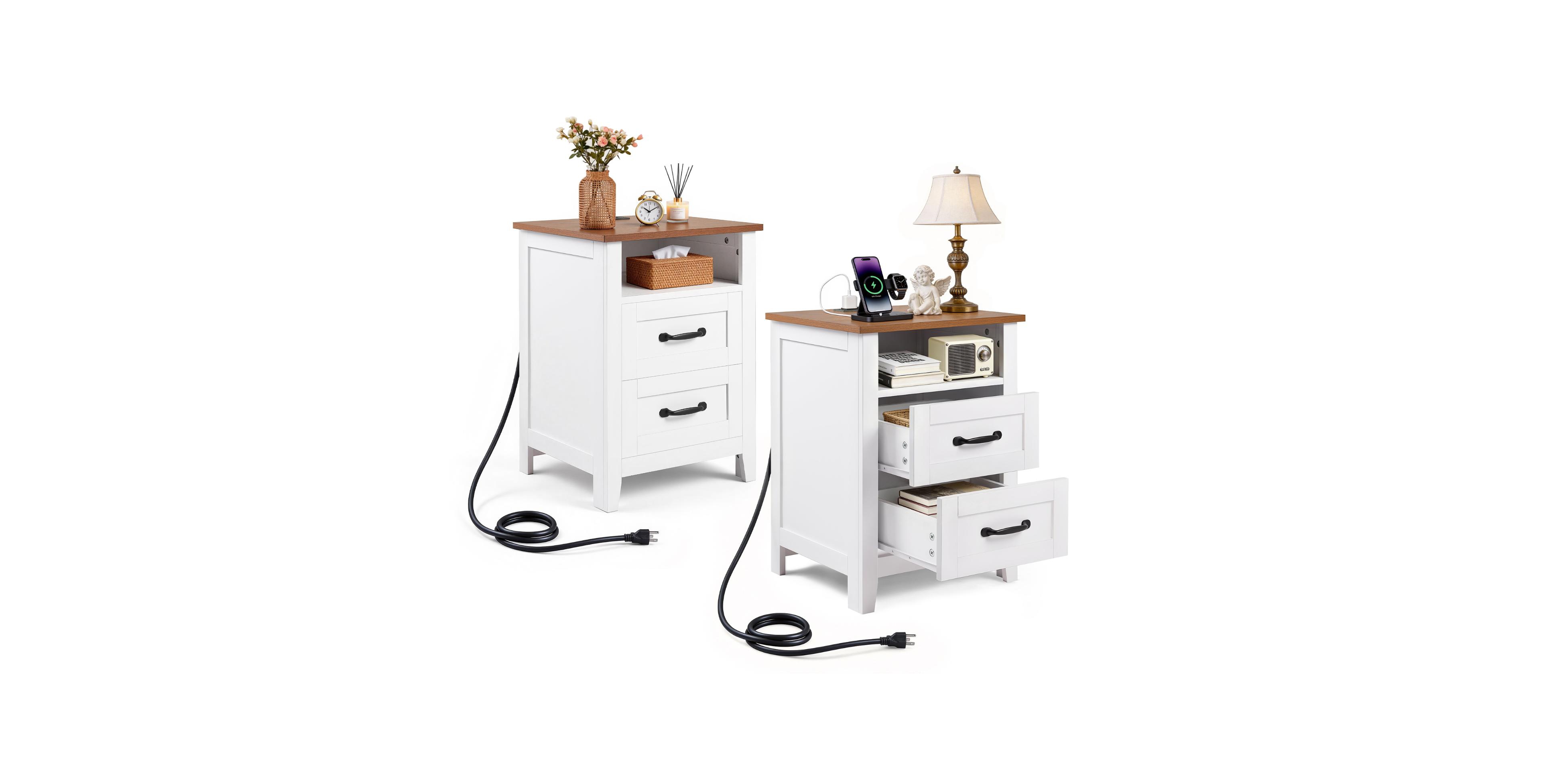 Sugift Set of 2 Farmhouse Nightstands with Charging Station 2 Drawers Open Shelf and Usb Port for Bedroom