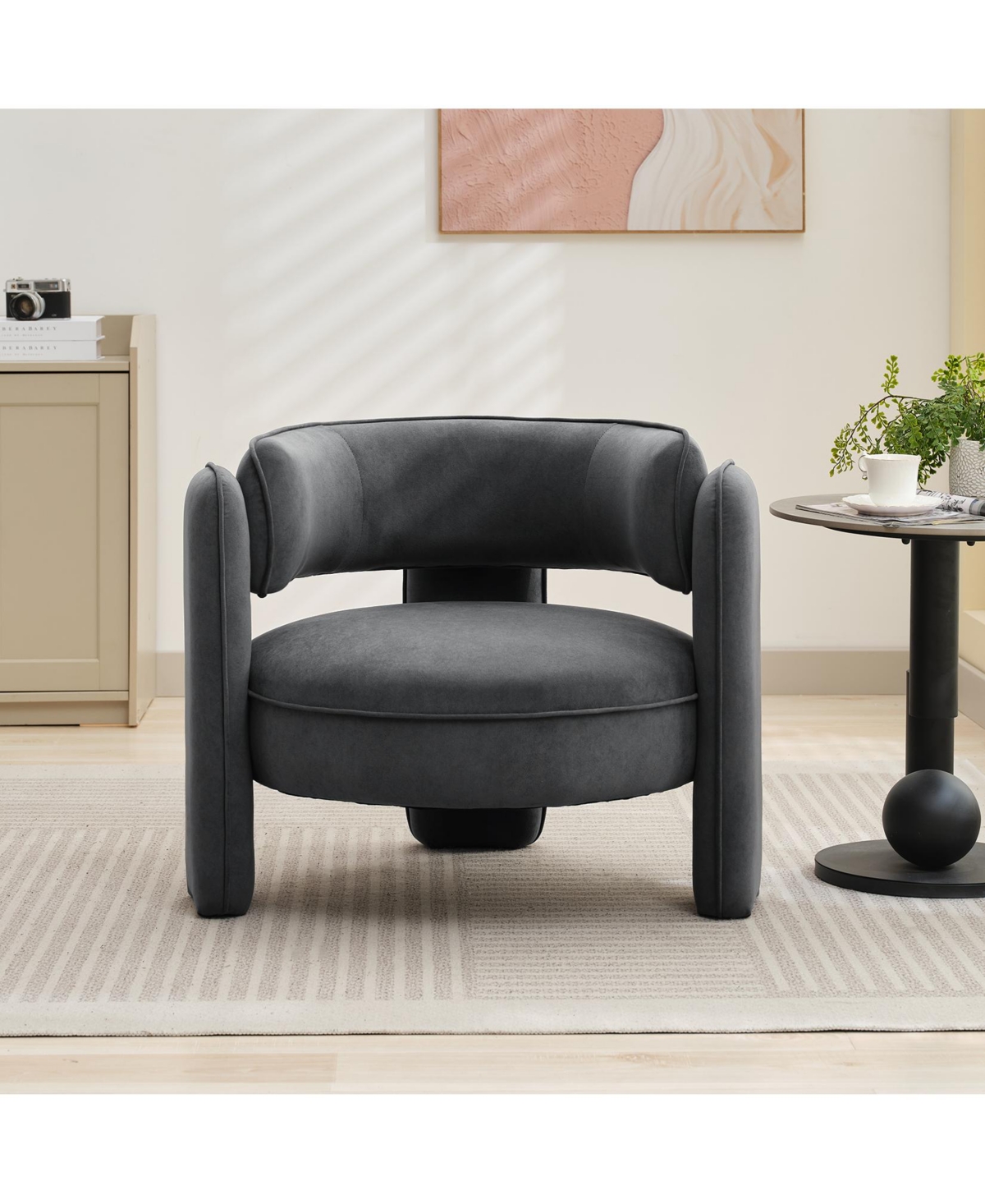 homfan Mid Century Modern Soft Accent Chair, Cushioned Upholstered Barrel Armchair, Cozy Single Sofa for Living Room Bedroom Office Apartment - Grey