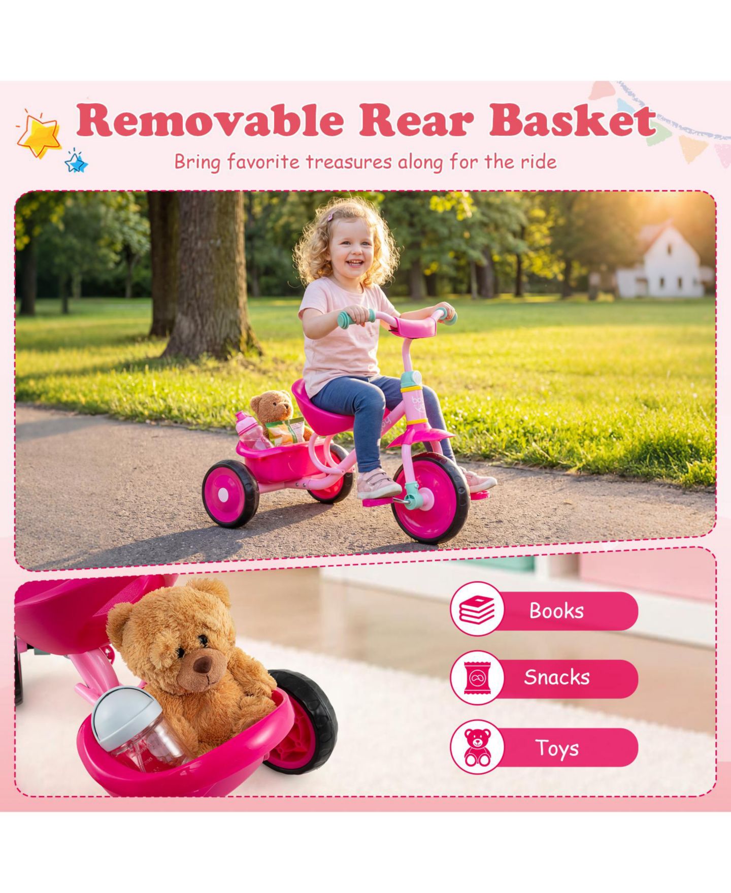 Детская игрушка Costway Toddler Tricycle with Removable Storage Basket, Indoor/Outdoor, 55 lbs Capacity, 2–5 лет, цвет: Розовый — фото 7