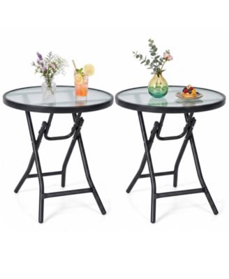 Set of 2 Round Folding Outdoor Side Table with Tempered Glass Top