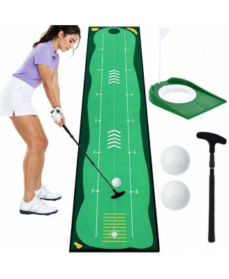 Portable Golf Putting Mat Set Retractable Putter 2 Practice Balls Indoor Training Kit
