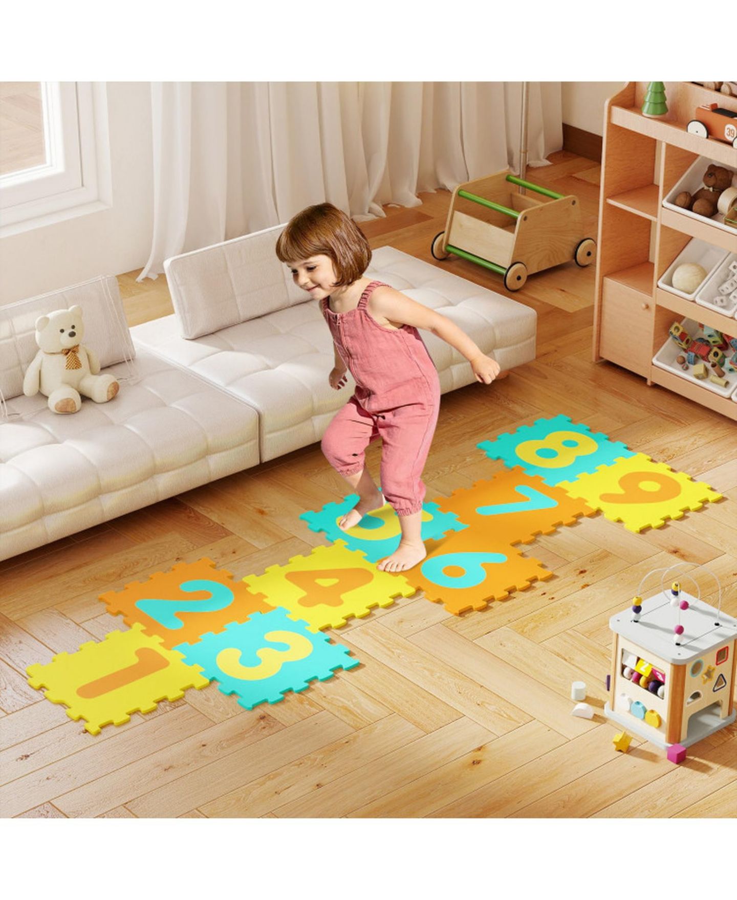 Детские игрушки HONGGE 9 Piece Foam Hopscotch Play Mat with Three Marker Discs, Ages 10 Months+, цвет: Assorted Tile Colors — фото 7