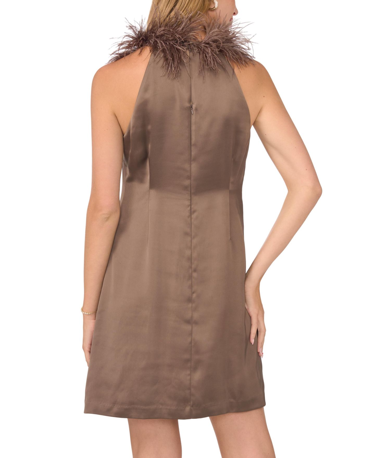 Женское платье Vince Camuto Satin Halter Feather-Trim, цвет: Мокко латте — фото 4