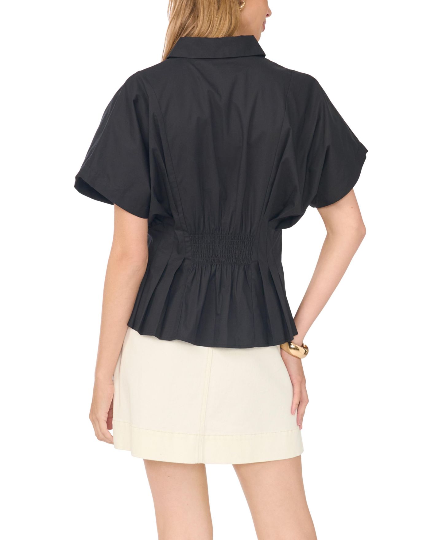 Женская блузка Vince Camuto Pleated-Waist Dolman-Sleeve Cotton, цвет: Насыщенный чёрный — фото 4