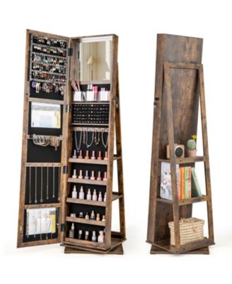 360-Degree Swivel Standing Jewelry Armoire Organizer with Full Length Mirror and Back Shelves