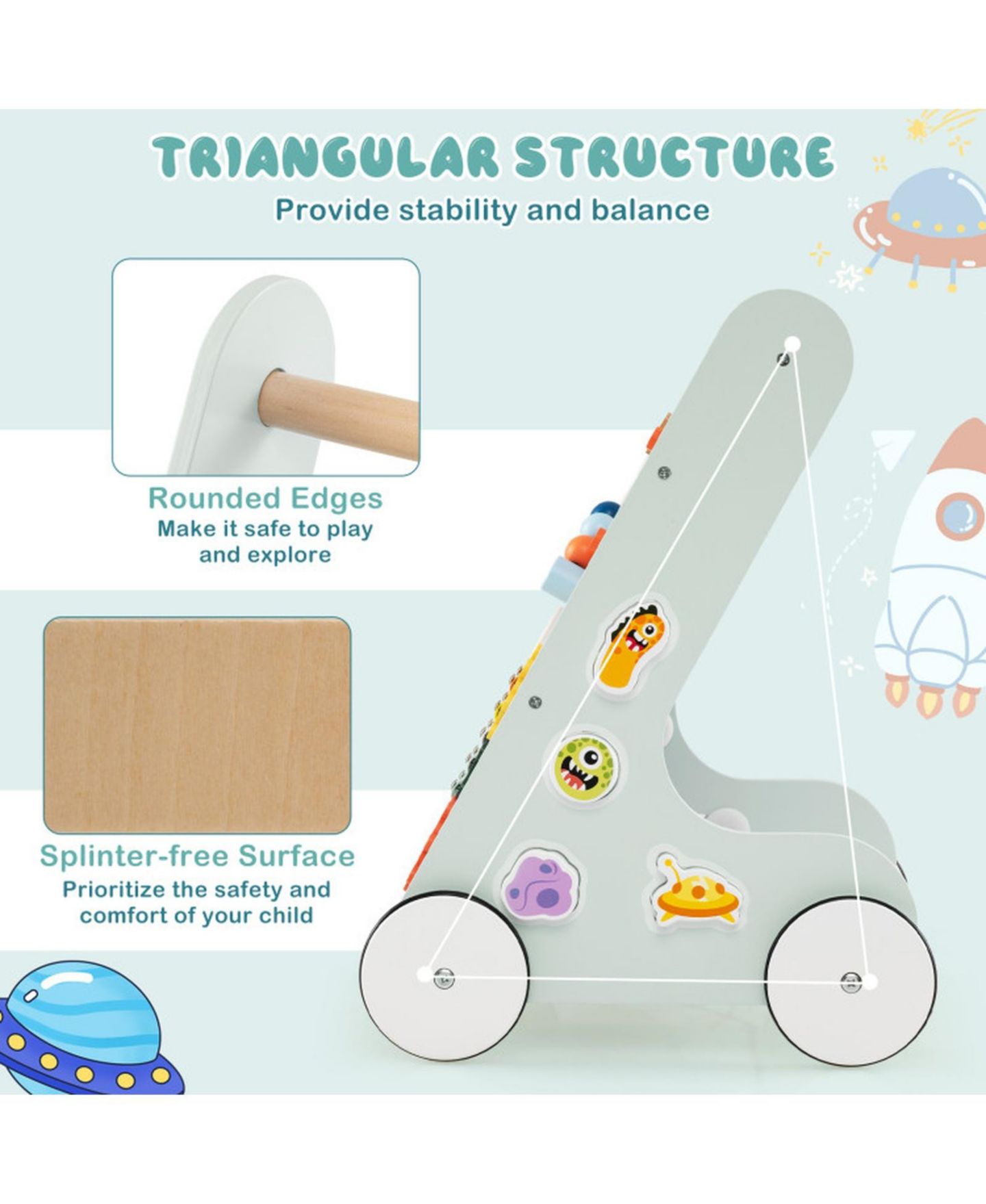 Детская игрушка HONGGE Wooden Push-Along Activity Center, Ages 1+, цвет: Натуральный — фото 2