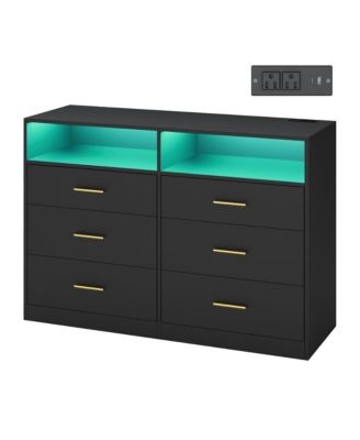 Bedroom Chest of Drawers with LED Lights and Power Strip, Modern Storage Dresser, TV Stand, 6 Drawers