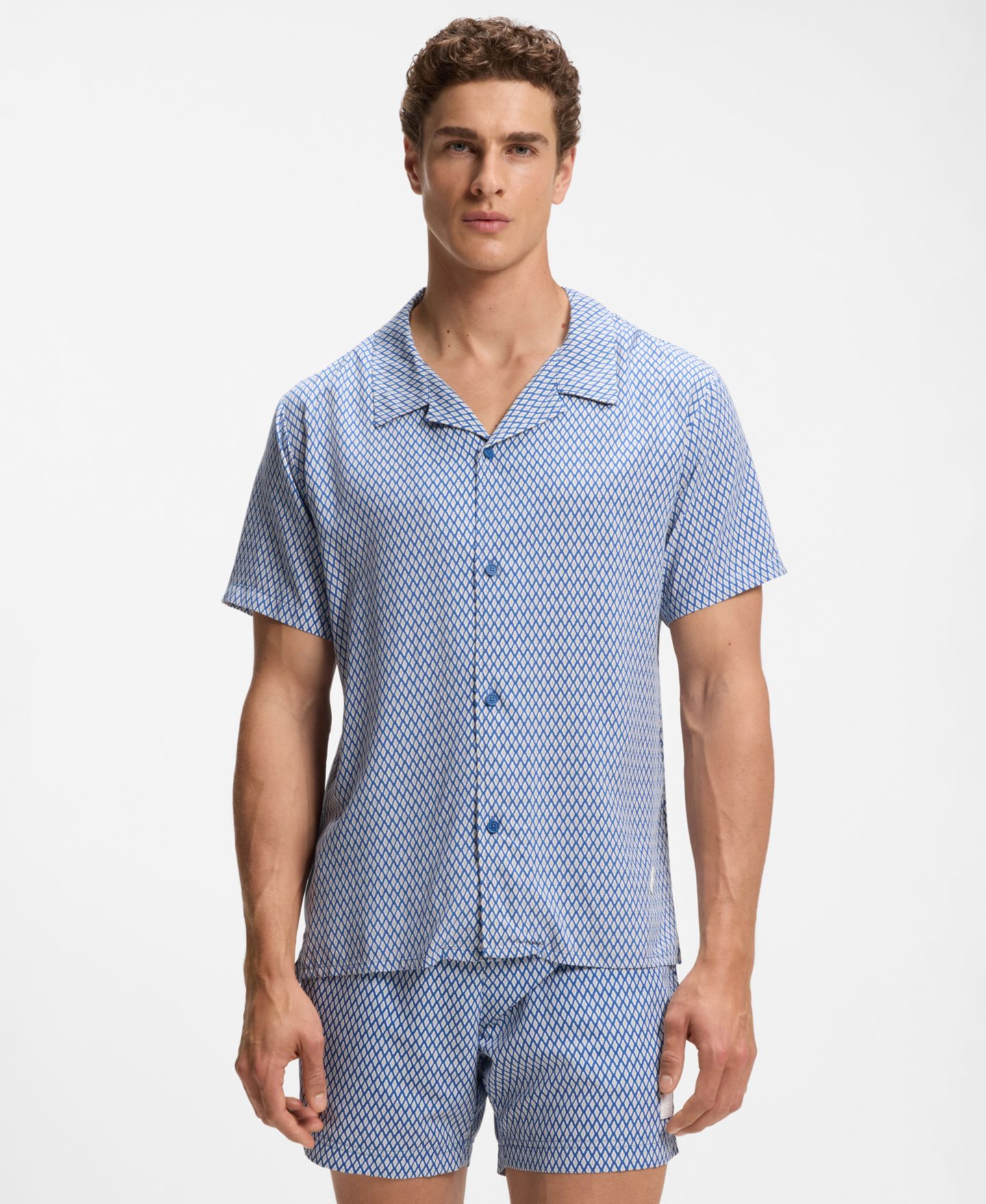 Мужская рубашка Hugo Boss BOSS by Spread-Collar Mini-Pattern-Print Beach, цвет: Синий — фото 2