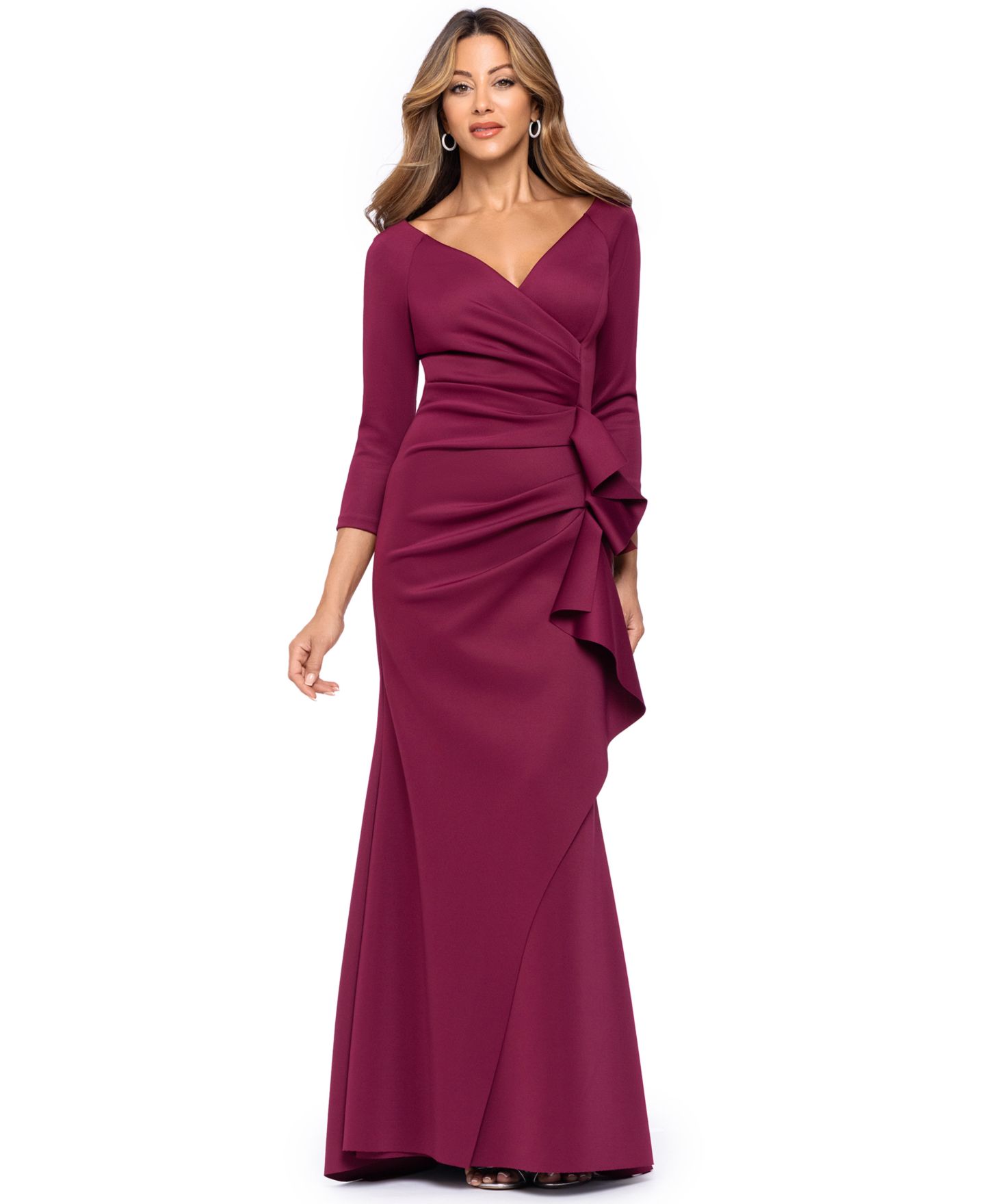 Женское платье XSCAPE 3/4-Sleeve Ruffle Long, цвет: Винный — фото 1