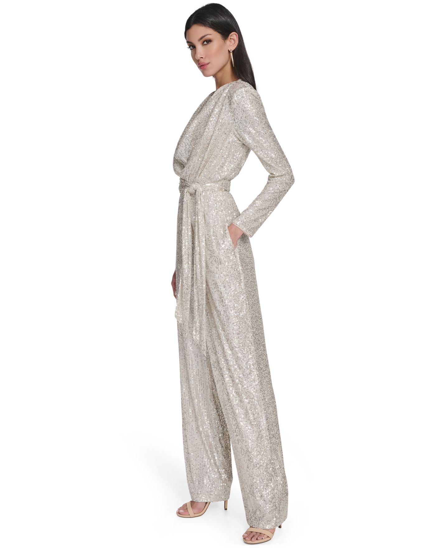 Женский комбинезон Eliza J Long-Sleeve Drape-Neck Wide-Leg Jumpsuit, цвет: Серебряный — фото 2