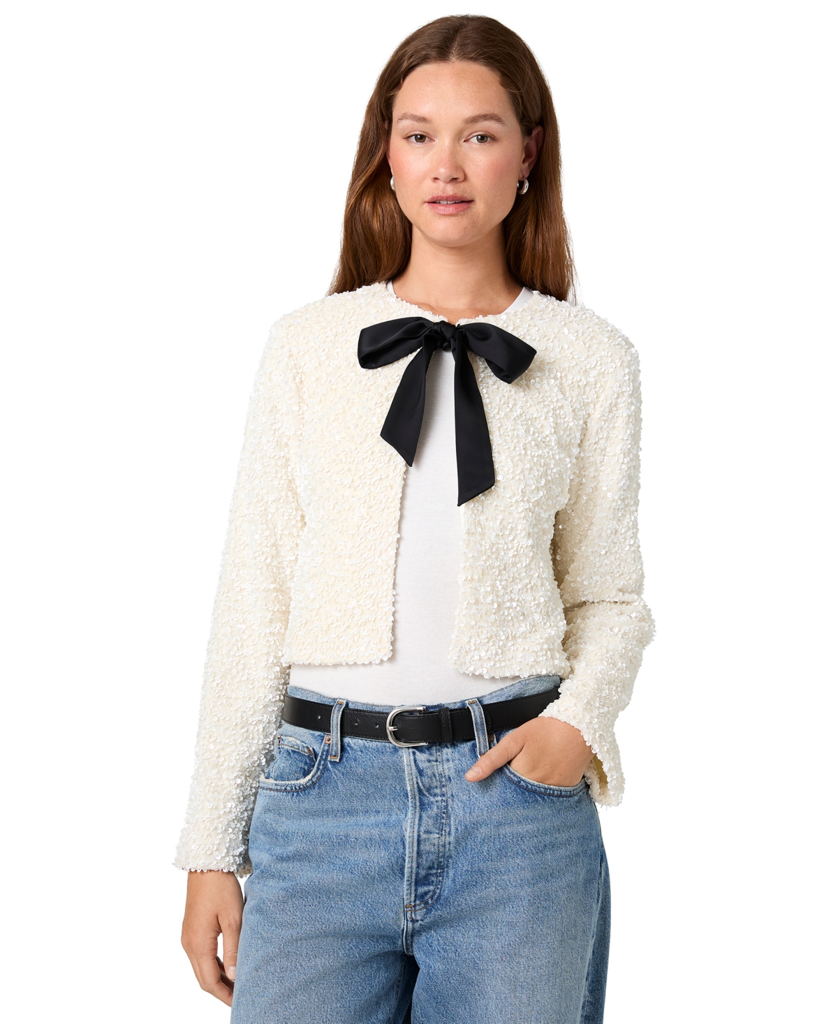 French Connection Women's Sequin Velvet Crop Long-Sleeve Top - Winter White/Black