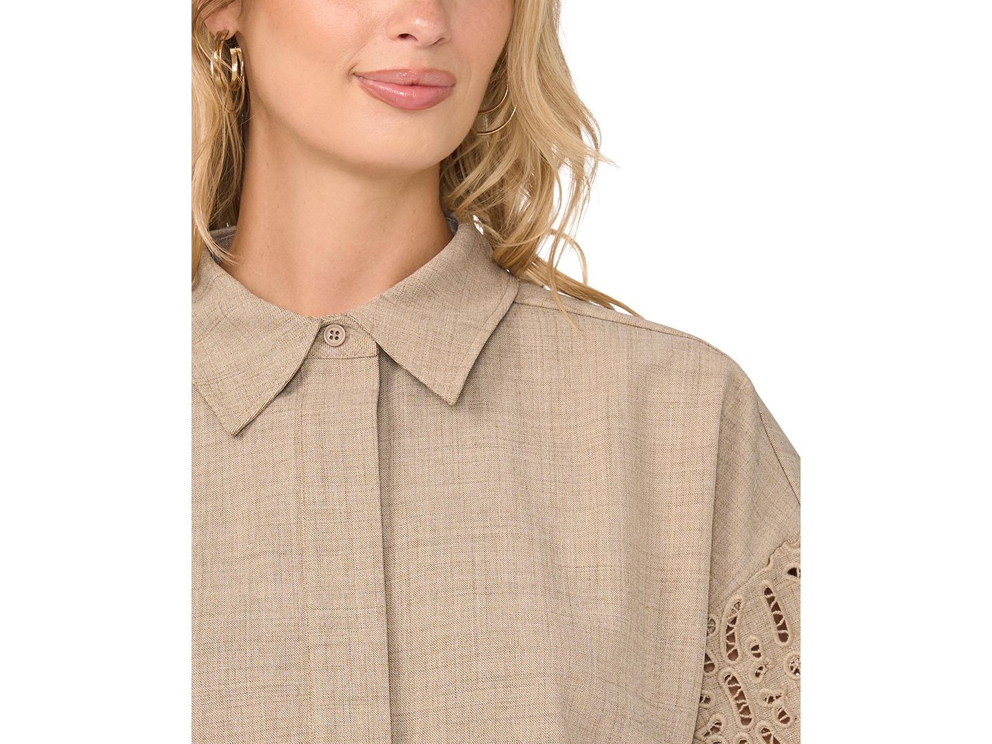Женская блузка Vince Camuto Button Front Embroidery Sleeve, цвет: Пыльный серо-коричневый — фото 3