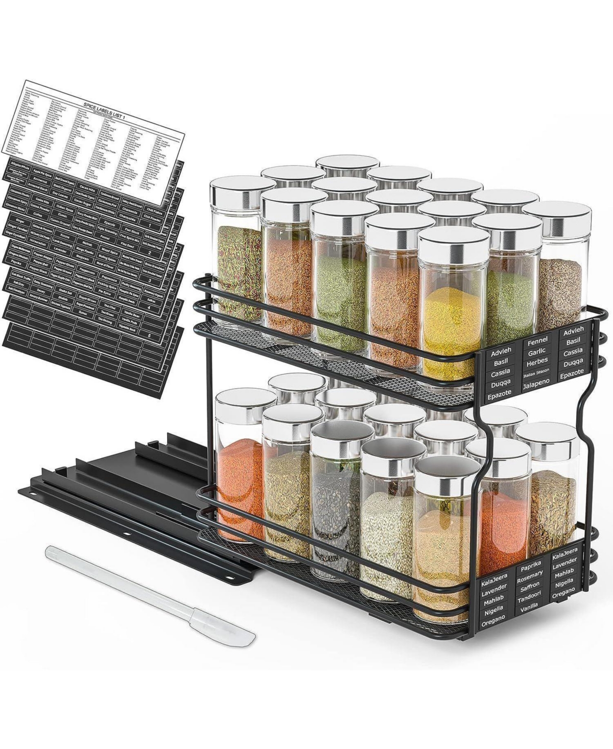 SpaceAid Pull Out Spice Rack Organizer(no jars included) for Cabinet,with Labels,6.5" W x10.75 D x8.5 H, 1 Drawer 2-Tier