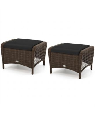 Set of 2 Wicker Patio Ottomans with Removable Cushions