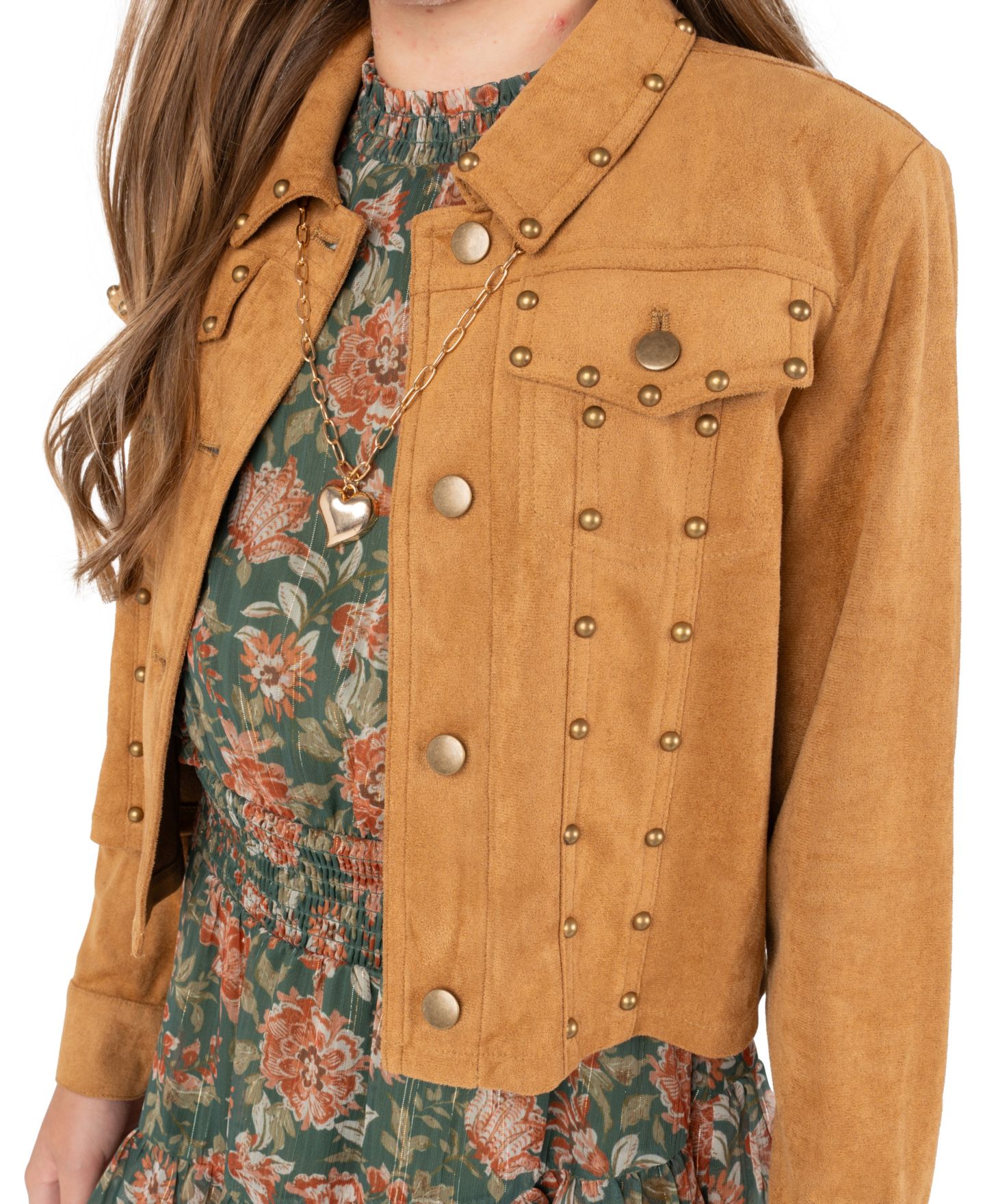 Комплекты Rare Editions Floral-Print Tiered-Ruffle Dress with Faux Suede Jacket and Necklace, 3-Piece Set для девочек, цвет: Оливковый — фото 3