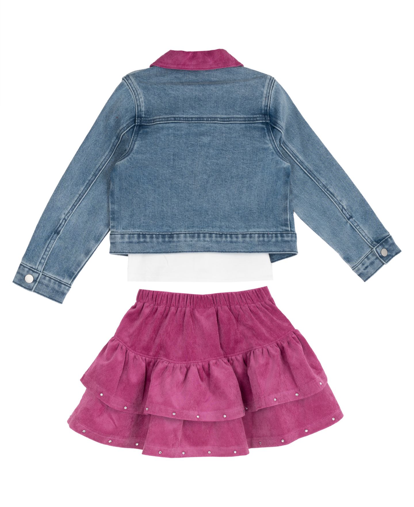 Комплекты Rare Editions Rhinestone Denim Jacket, T-Shirt, and Corduroy Skirt, 3-Piece Set для девочек, цвет: Малиновый — фото 5
