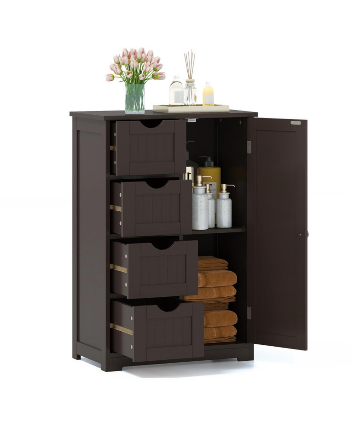 Sugift 4-Drawer Wood Bathroom Storage Cabinet with Side Compartment - Brown