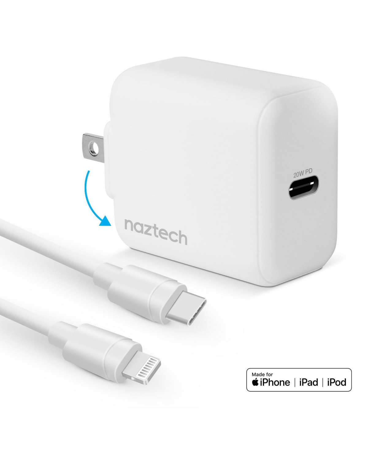 Naztech 20W Usb-c Pd MFi Certified Wall Charger with 4ft Lightning Cable for iPhone, iPad, and AirPods