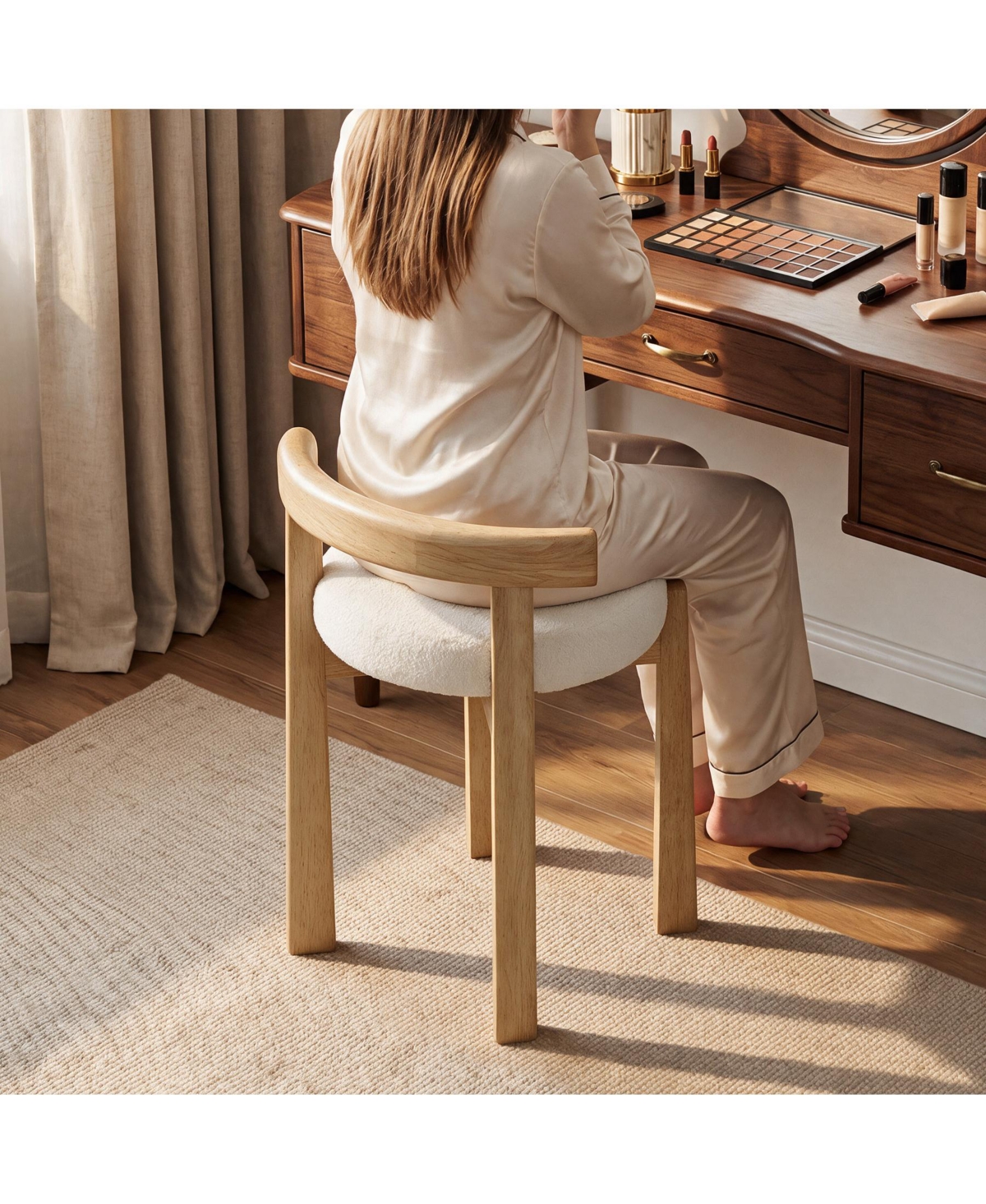 Tribesigns Wood Vanity Stool with Faux Wool Cushion, Upholstered Makeup Chair with Solid Wood Frame, Round Vanity Ottoman Seat - Natural