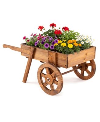 Rustic Wooden Wagon Planter on Rolling Wheels with Handle