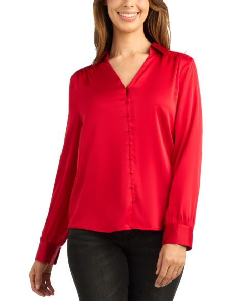 Женская блузка BCX Stretch-Satin Long-Sleeve Button-Front, цвет: Красный