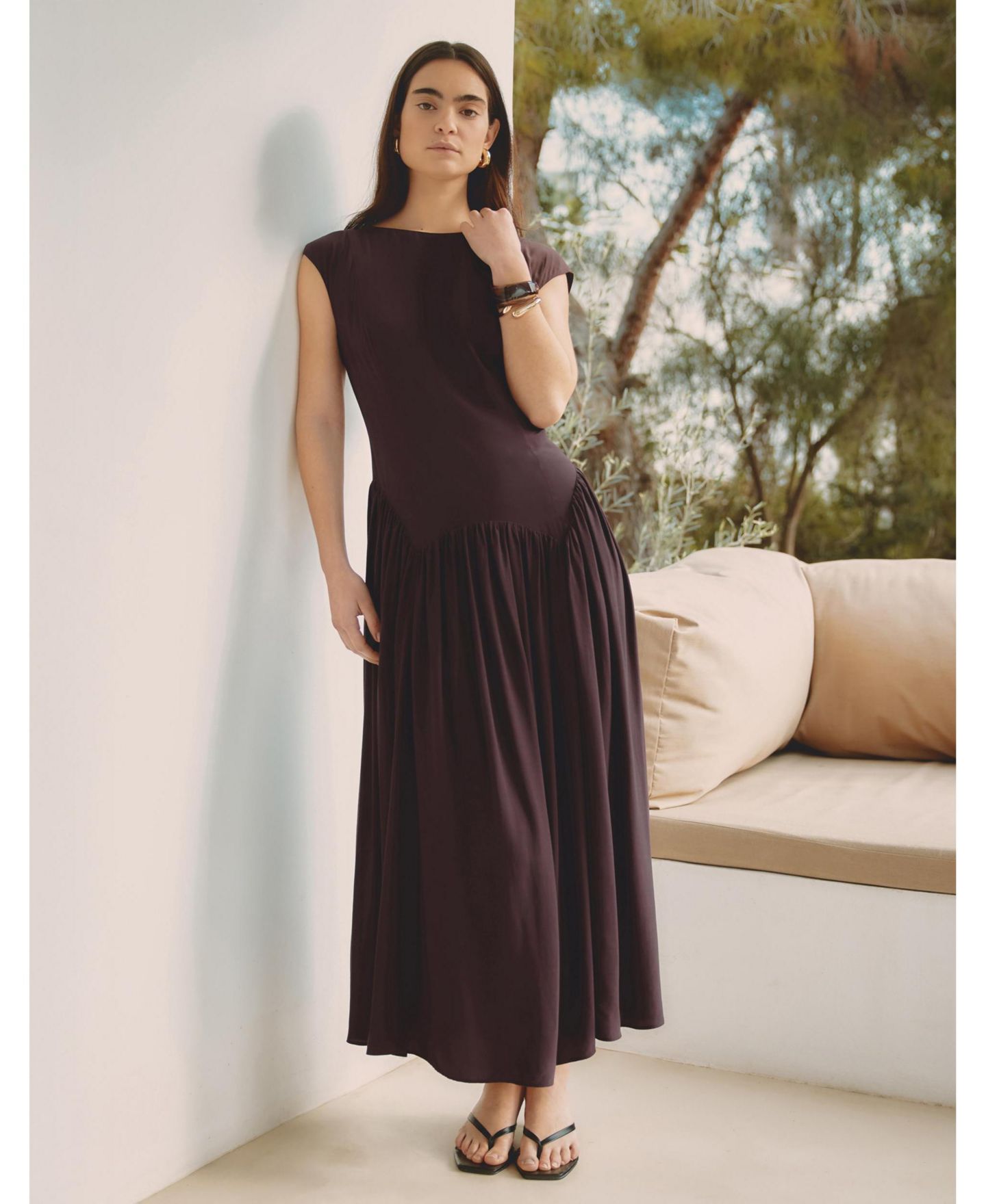 Женское платье Albaray Drop-Waist Fitted-Bodice Slash-Neck Maxi, цвет: Шоколадный — фото 5