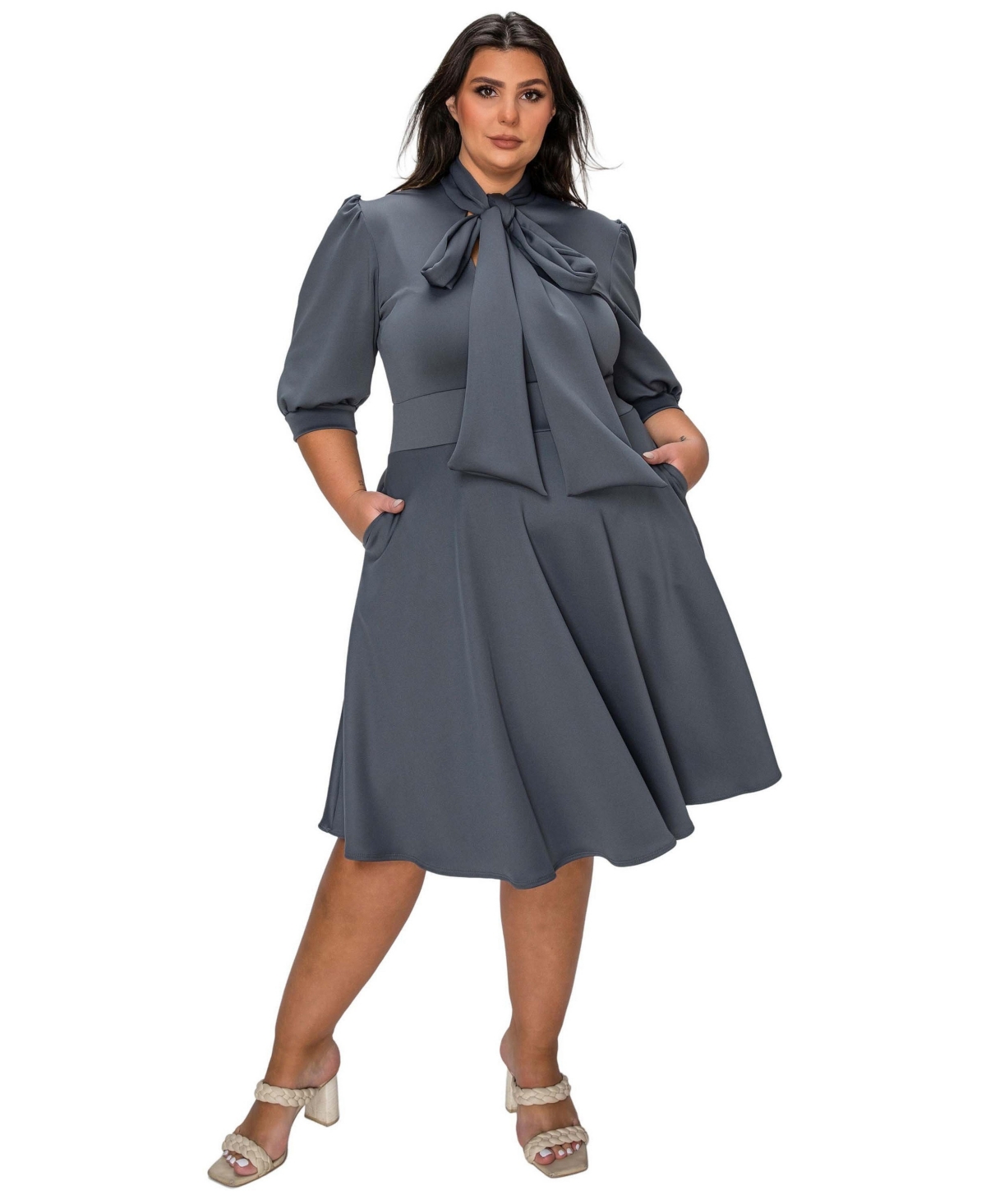 L I V D Plus Size Carina Donna Flare Dress w/ Pockets - Charcoal