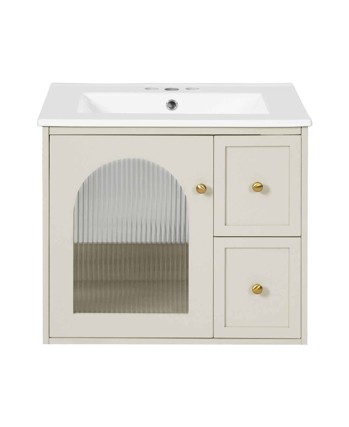 Sillysis 24 Inch Floating Bathroom Vanity, Mdf Cabinet with Solid Wood Components, Ceramic Integrated Sink, Ribbed Glass Door - Beige