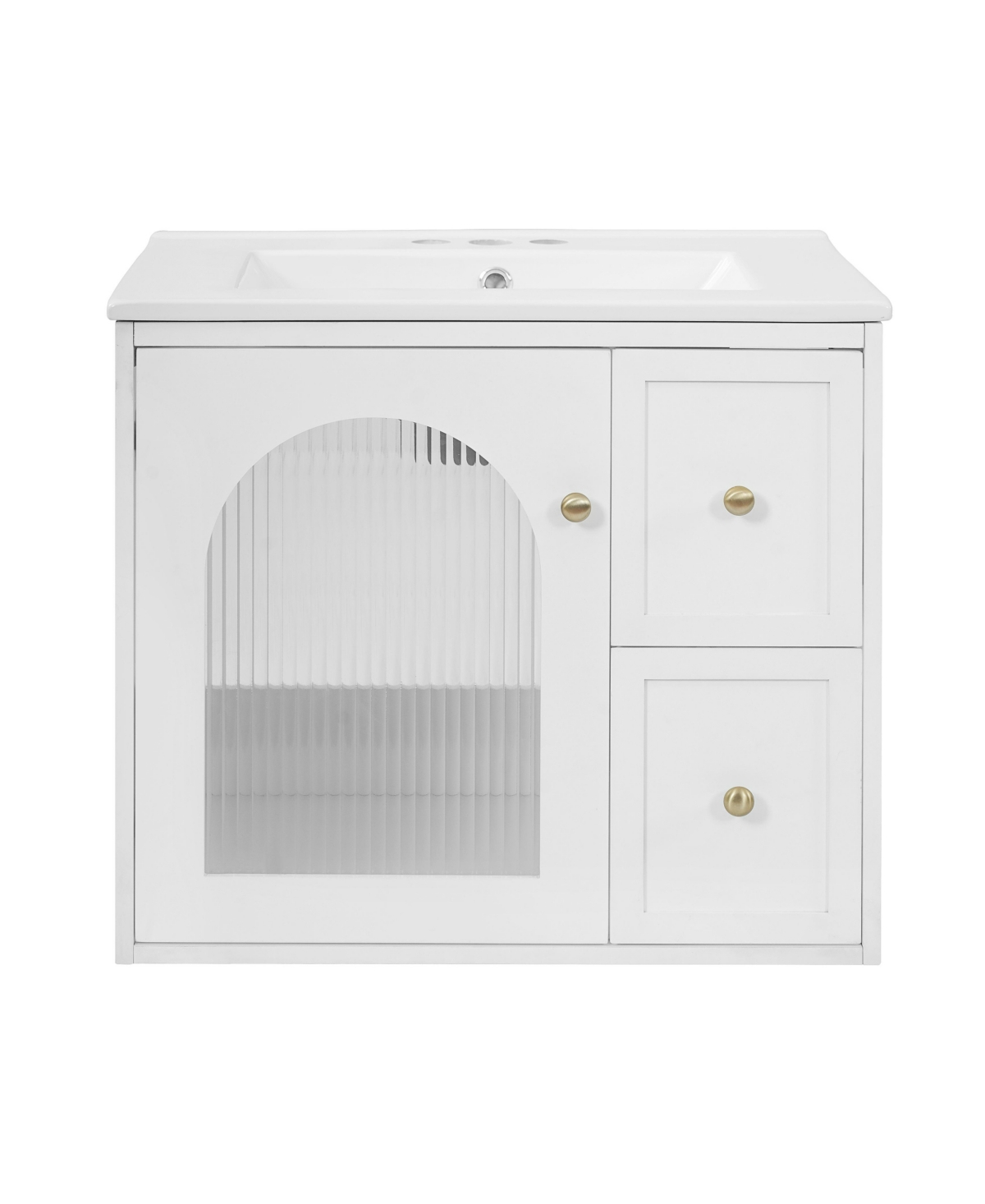 Sillysis 24 Inch Floating Bathroom Vanity, Mdf Cabinet with Solid Wood Components, Ceramic Integrated Sink, Ribbed Glass Door - White