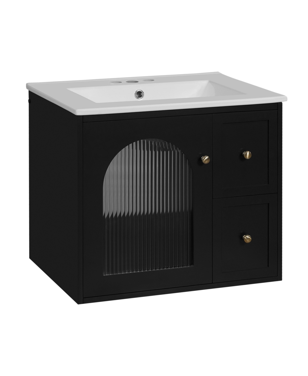 Sillysis 24 Inch Floating Bathroom Vanity, Mdf Cabinet with Solid Wood Components, Ceramic Integrated Sink, Ribbed Glass Door - Black