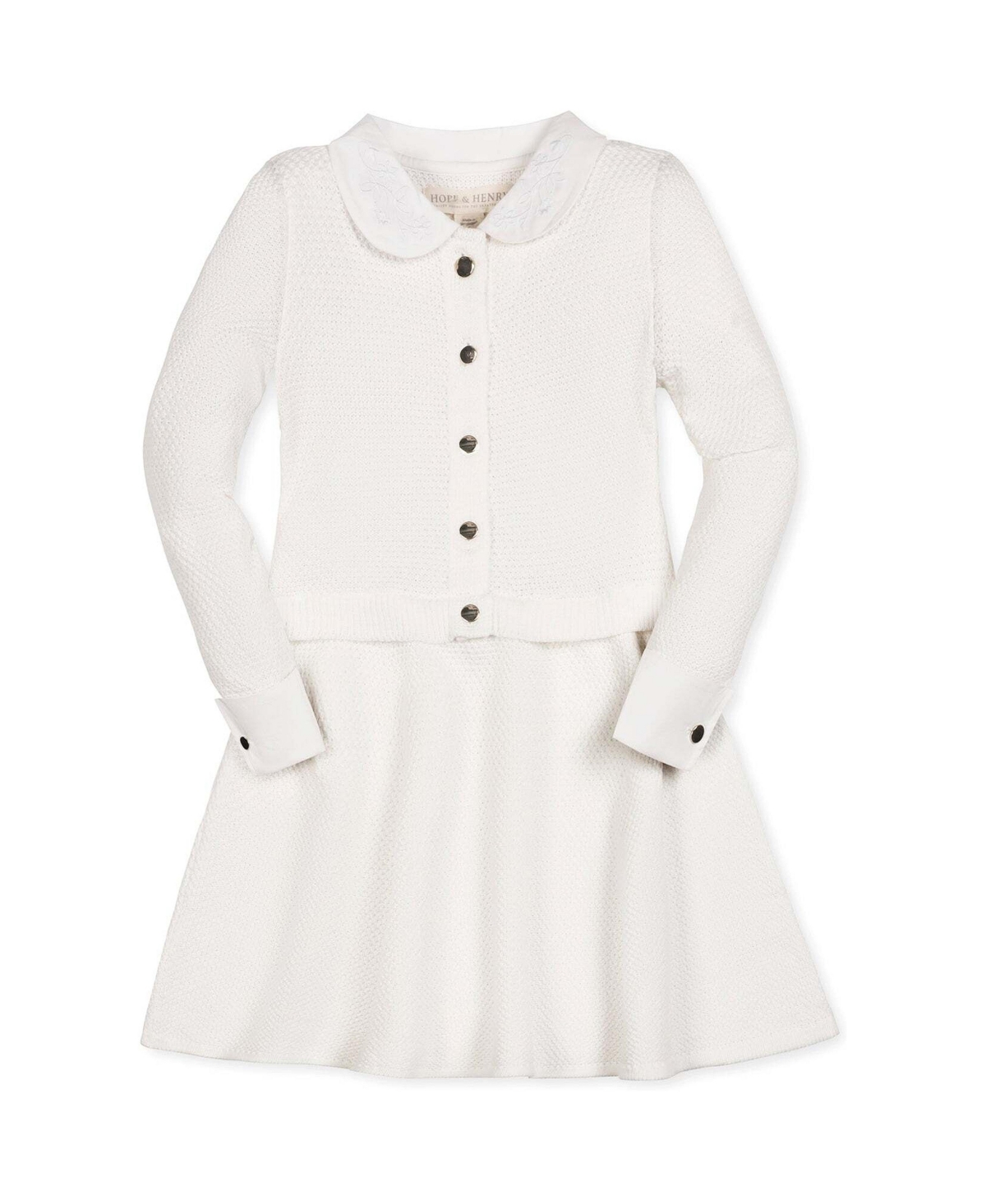 Hope & Henry Girls' 4-16 Peter Pan Collar Long-Sleeve Tweed-Stitch Sweater Dress - Soft white tweed