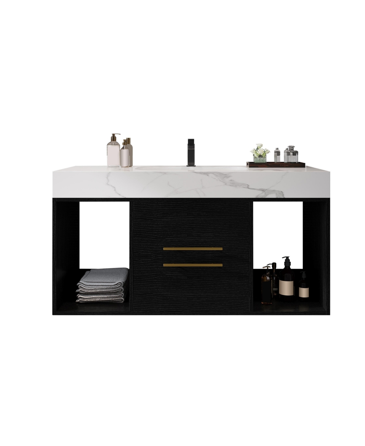 Thirtypeachy 39.4 Inch Floating Bathroom Vanity, Plywood Cabinet, Sintered Stone Top with Ceramic Sink - Black