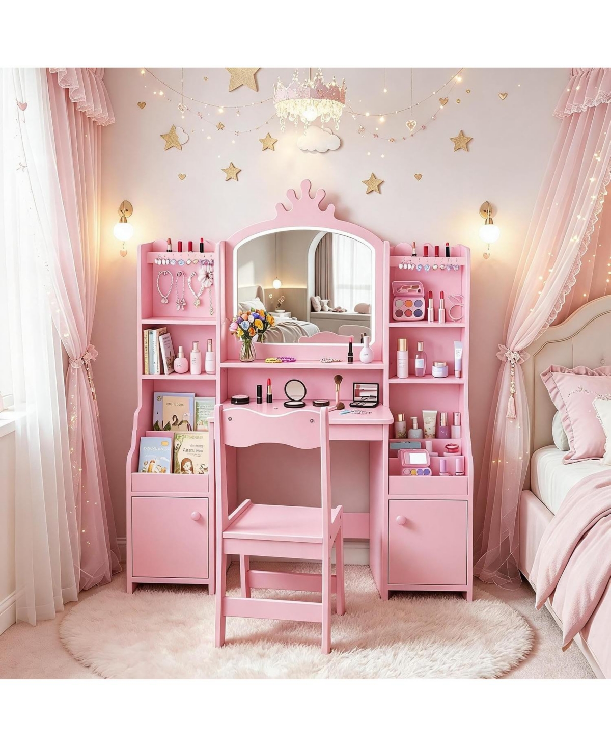 Gaomon Large Kids Vanity Set with 3-Color Lighted Mirror and Jewelry Storage, Slanted Ladder Design