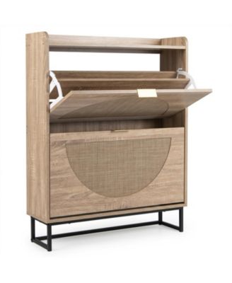 Slim 9.5-Inch Deep Shoe Cabinet with Flip Drawers and Faux Rattan Fronts