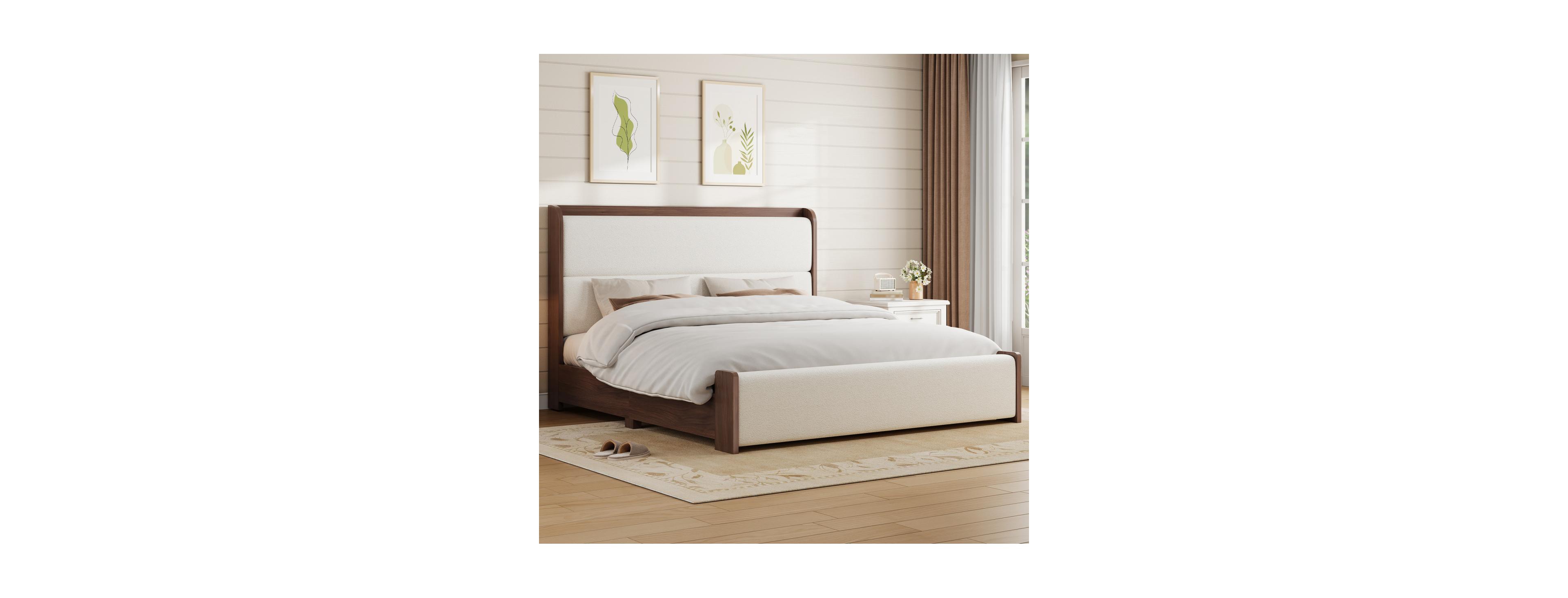 Streamdale Furniture Solid Wood Queen Platform Bed with Boucl Upholstered Headboard