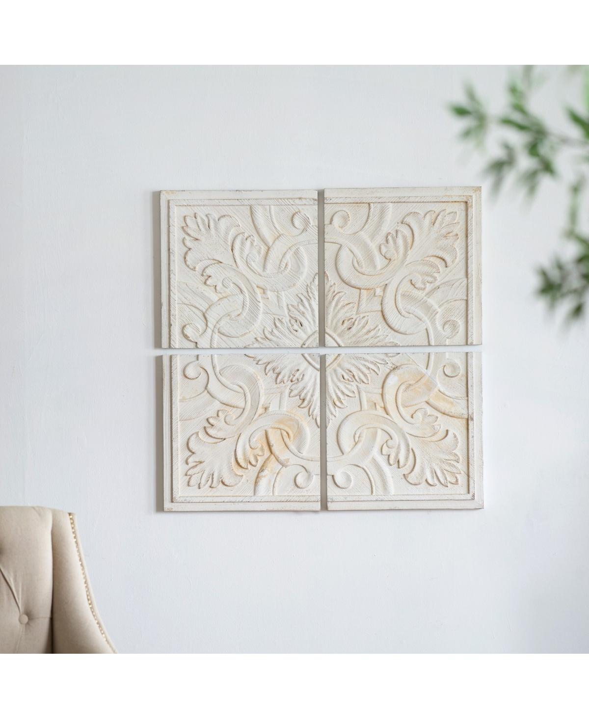 Laoties Set of 4 Solid Wood Distressed Square Wall Panels With Carved Medallion, 17.5" x 17.5"