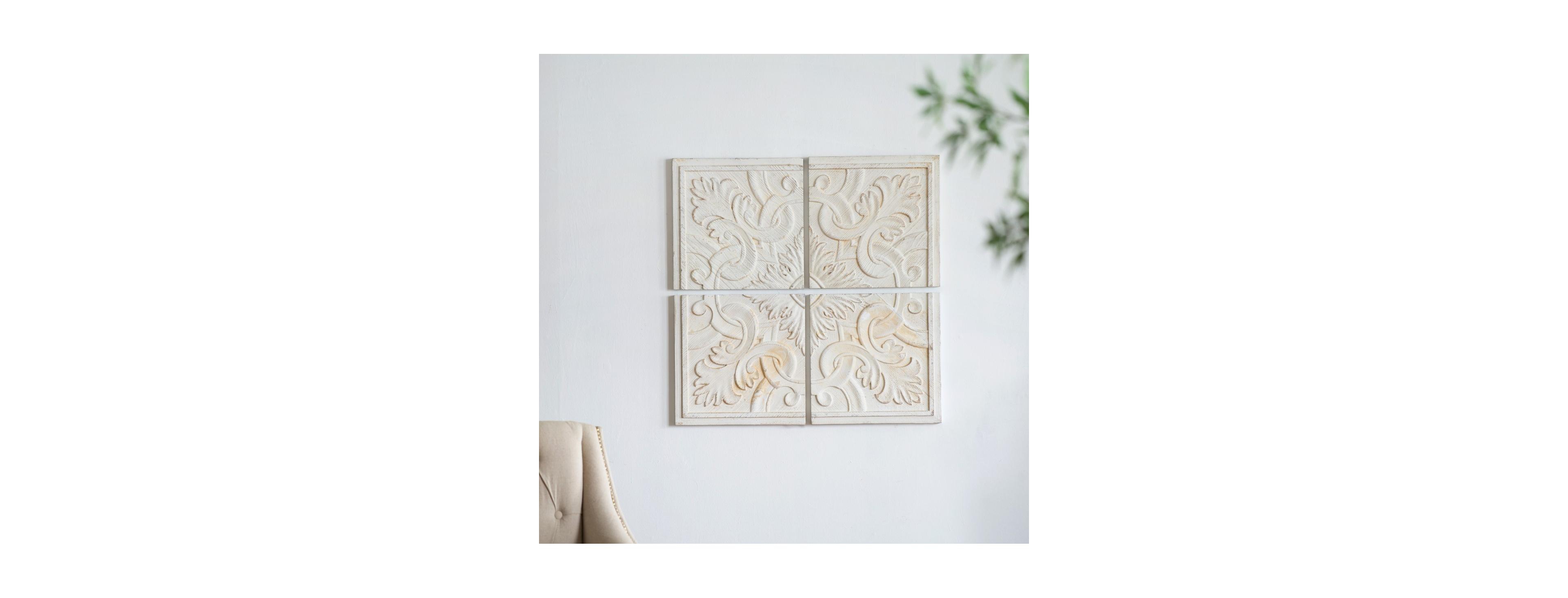 Laoties Set of 4 Solid Wood Distressed Square Wall Panels With Carved Medallion, 17.5" x 17.5"