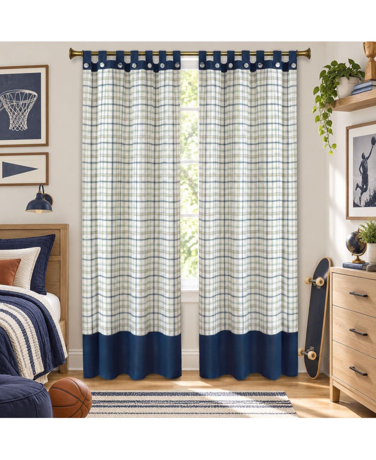Kate Aurora 1 Piece Joshua Plaid Tattersall Tab Top Window Curtain Panel - Blue