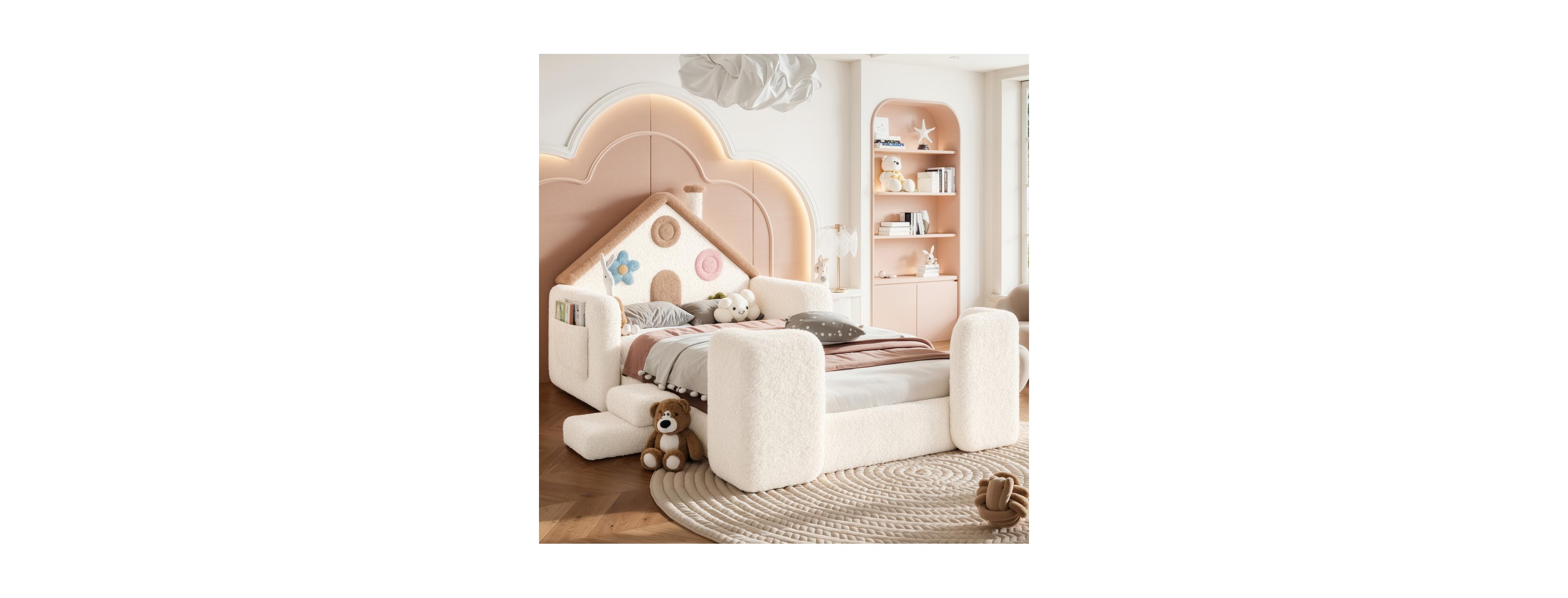 Streamdale Furniture Twin House Upholstered Floor Bed with Safety Rails