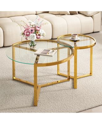 Glass Nesting Coffee Table Set, Modern Round Cocktail Table, 31.5