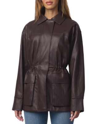 Women's Collared Cinched-Waist Faux Leather Jacket