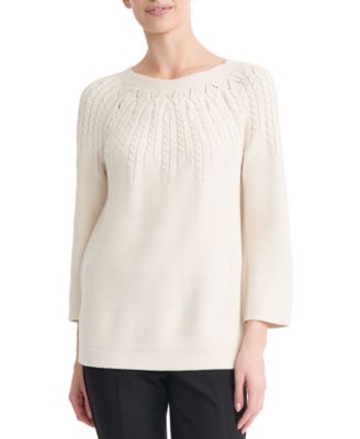 Petite Cable Yoke Cable-Knit 3/4-Sleeve Pullover Sweater