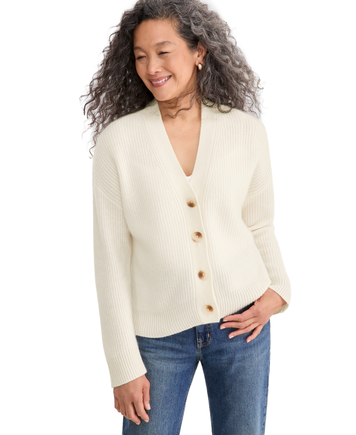 Charter Club Women's 100% Cashmere Shaker Stitch V-Neck Cardigan Sweater, Macy's Exclusive - Vanilla Ice
