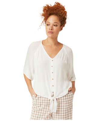 Women's V-Neck Crinkle Tie-Front Elbow-Sleeve Blouse