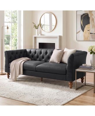 73.5" Chesterfield PU Leather Tufted Sofa with Walnut Legs