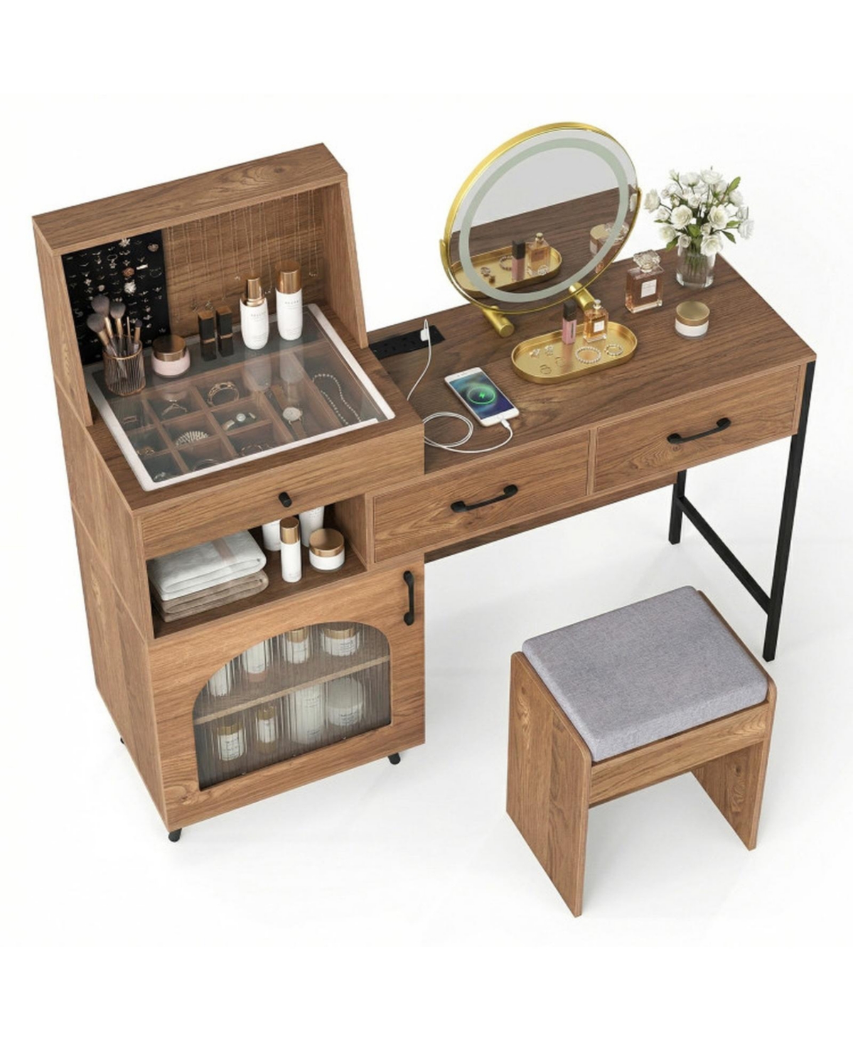 Gouun Vanity Desk Set with Rotating Lighted Mirror and Charging Station