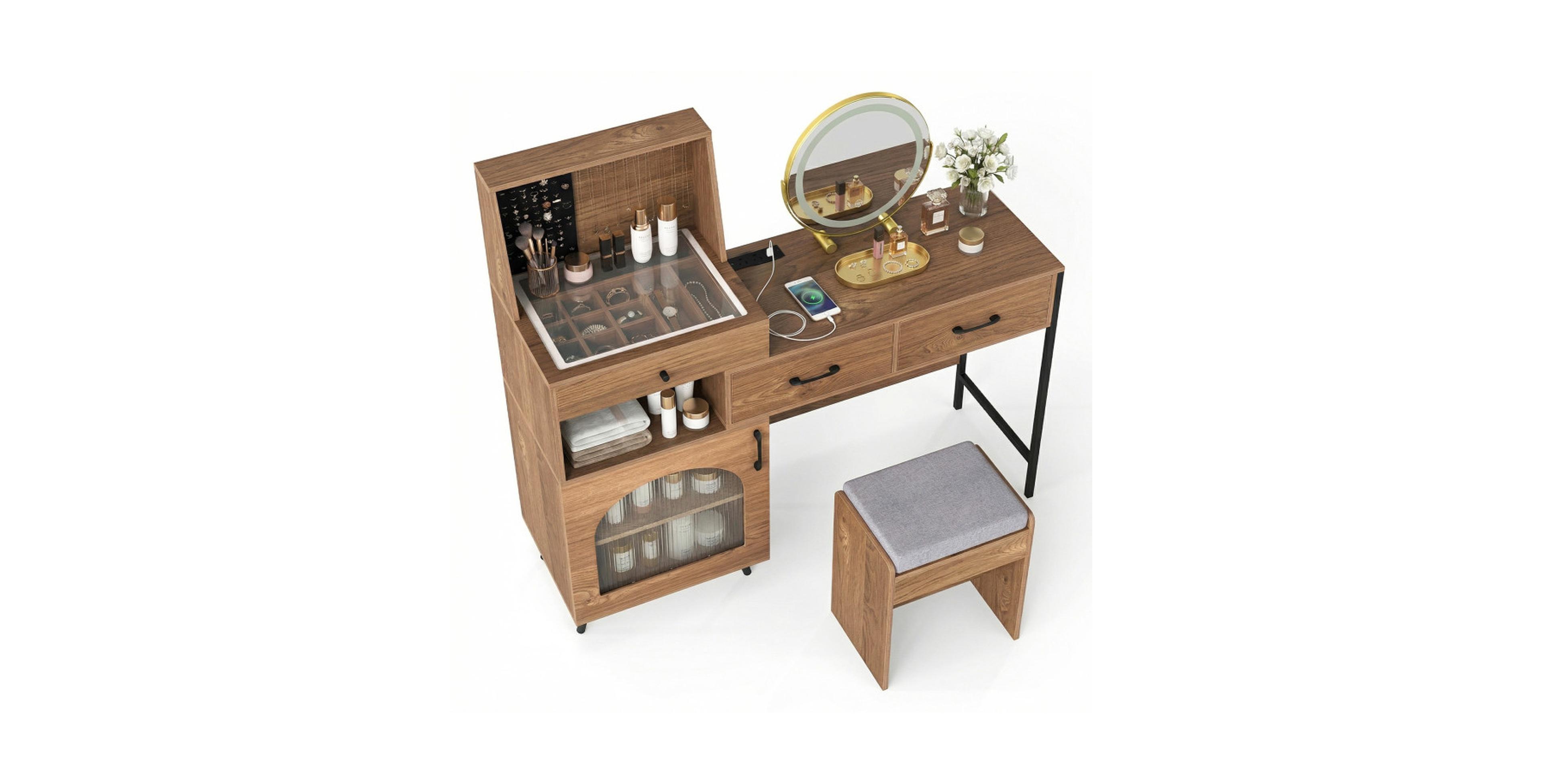 Gouun Vanity Desk Set with Rotating Lighted Mirror and Charging Station