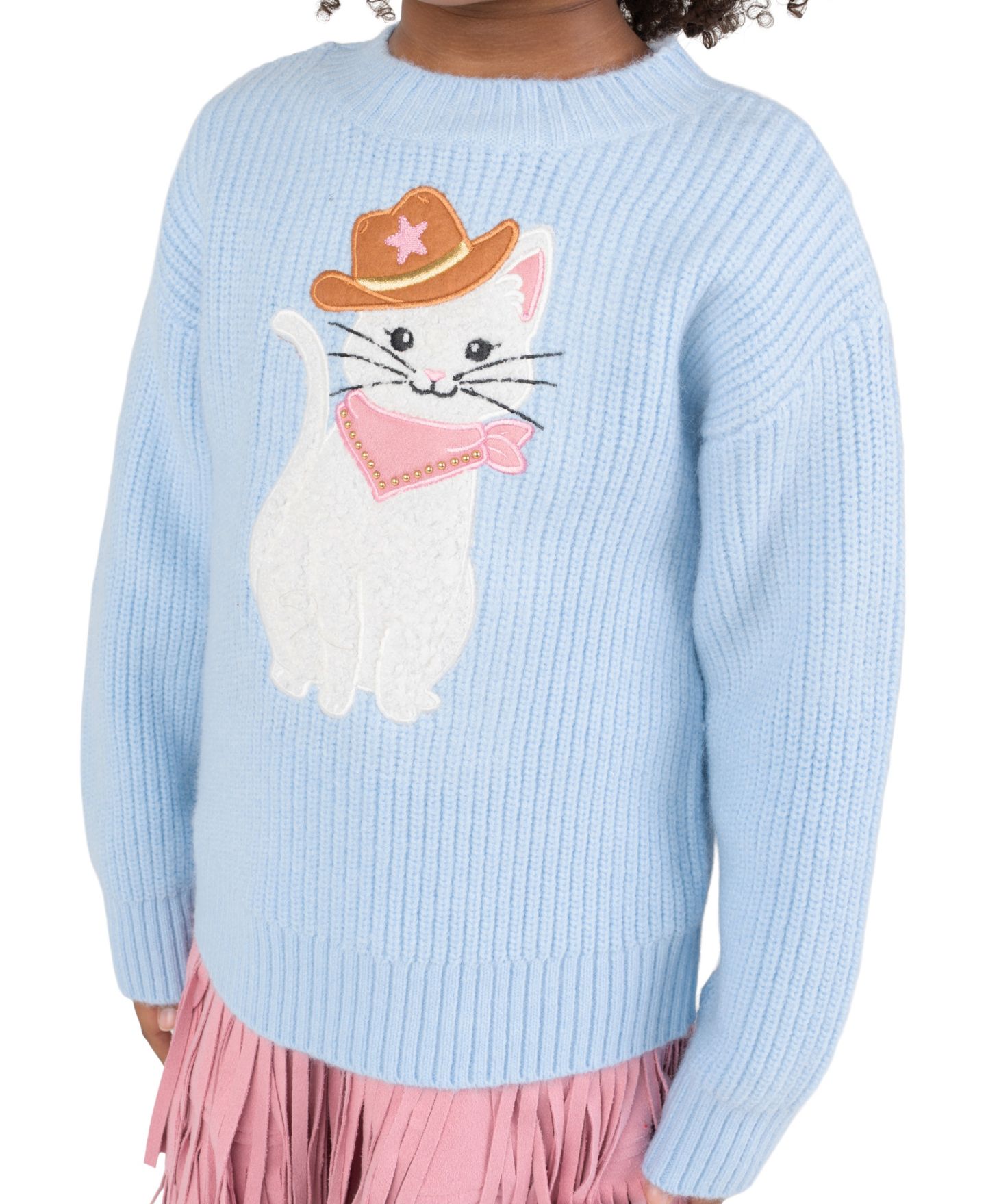 Rare Editions Girls' 2T-6X Cowgirl Cat Appliqué Tiered Graphic Sweater and Short-Sleeve Dress, 2-Piece Set, цвет: Светлый синий — фото 3