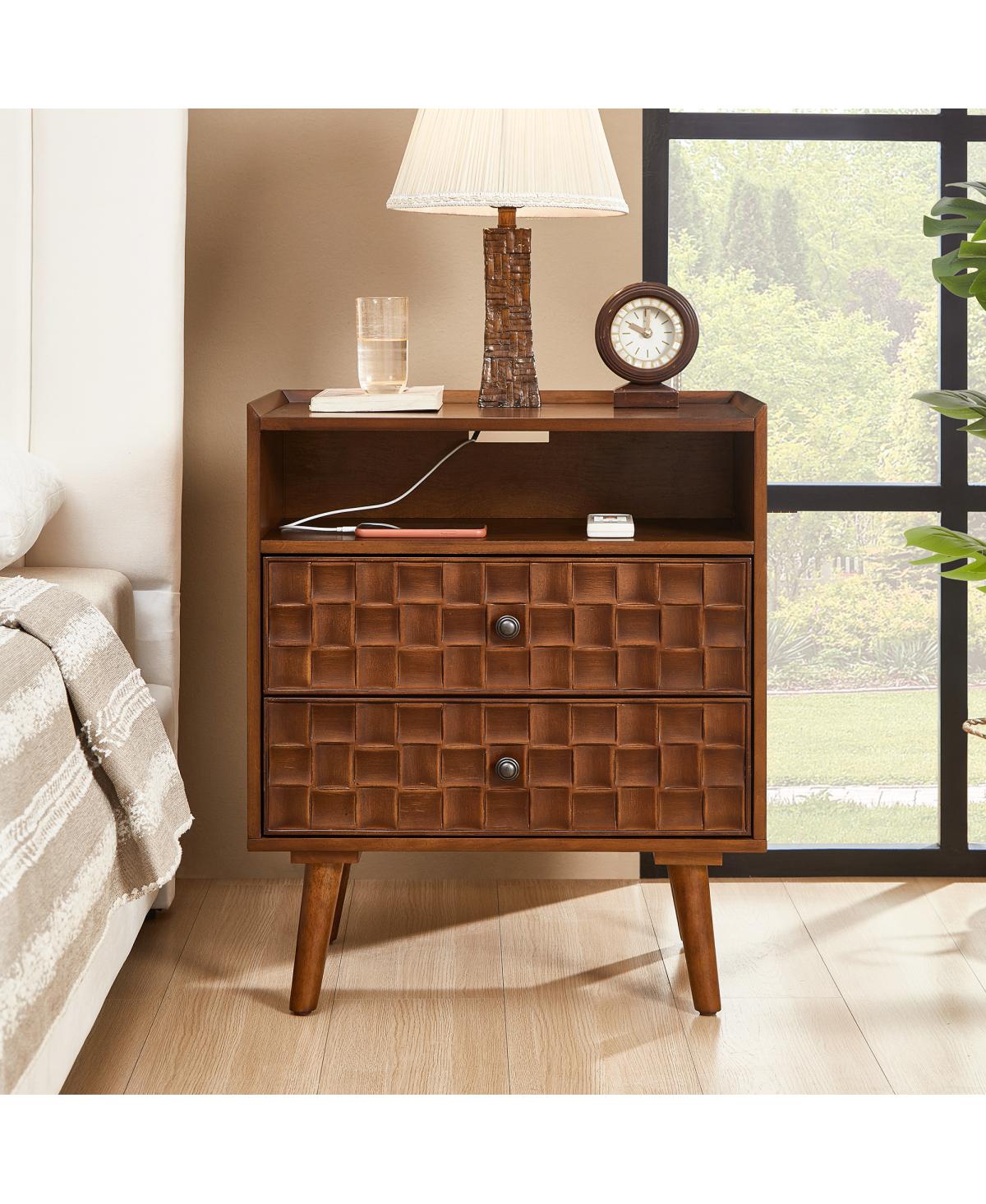 Streamdale Furniture Nightstand with Charging Station, 2-Drawer Bedside Table with Shelf
