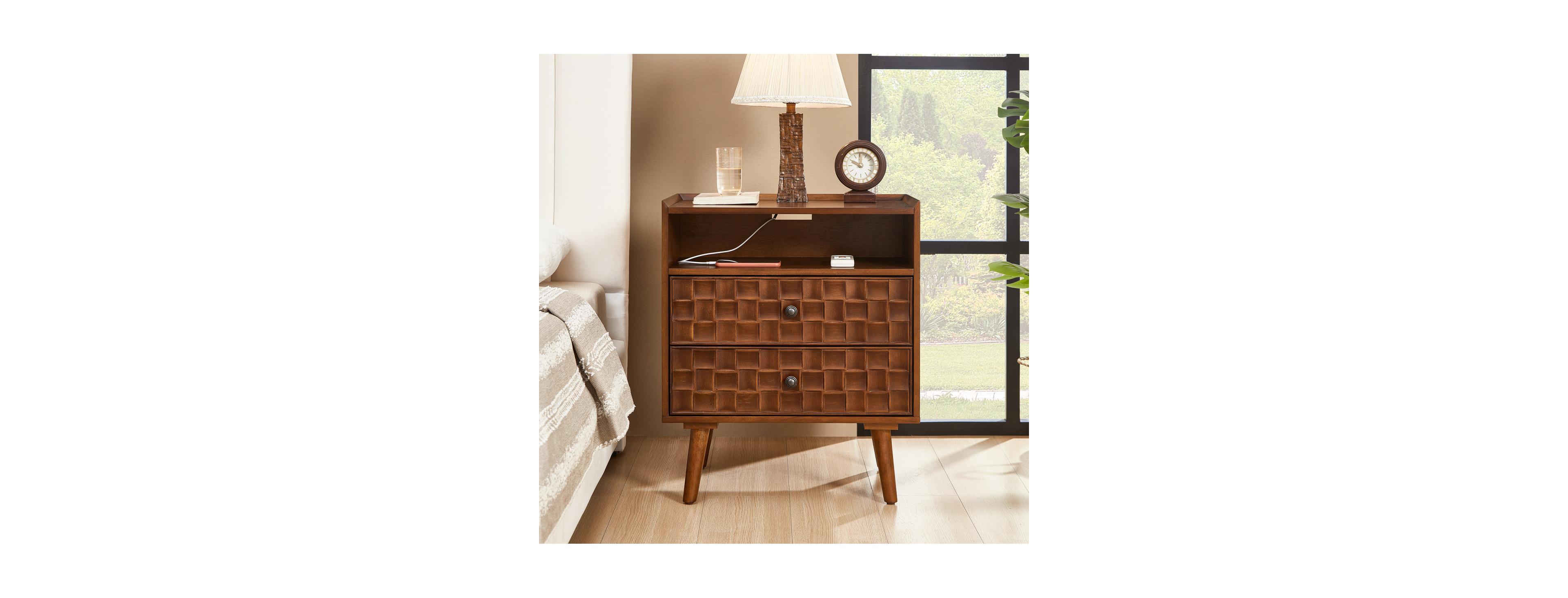 Streamdale Furniture Nightstand with Charging Station, 2-Drawer Bedside Table with Shelf
